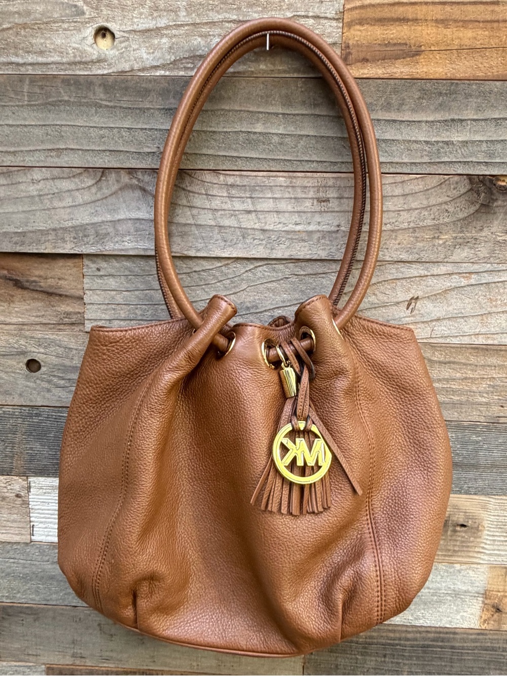 Michael Kors Brown Pebbled Leather Drawstring Shoulder Bag